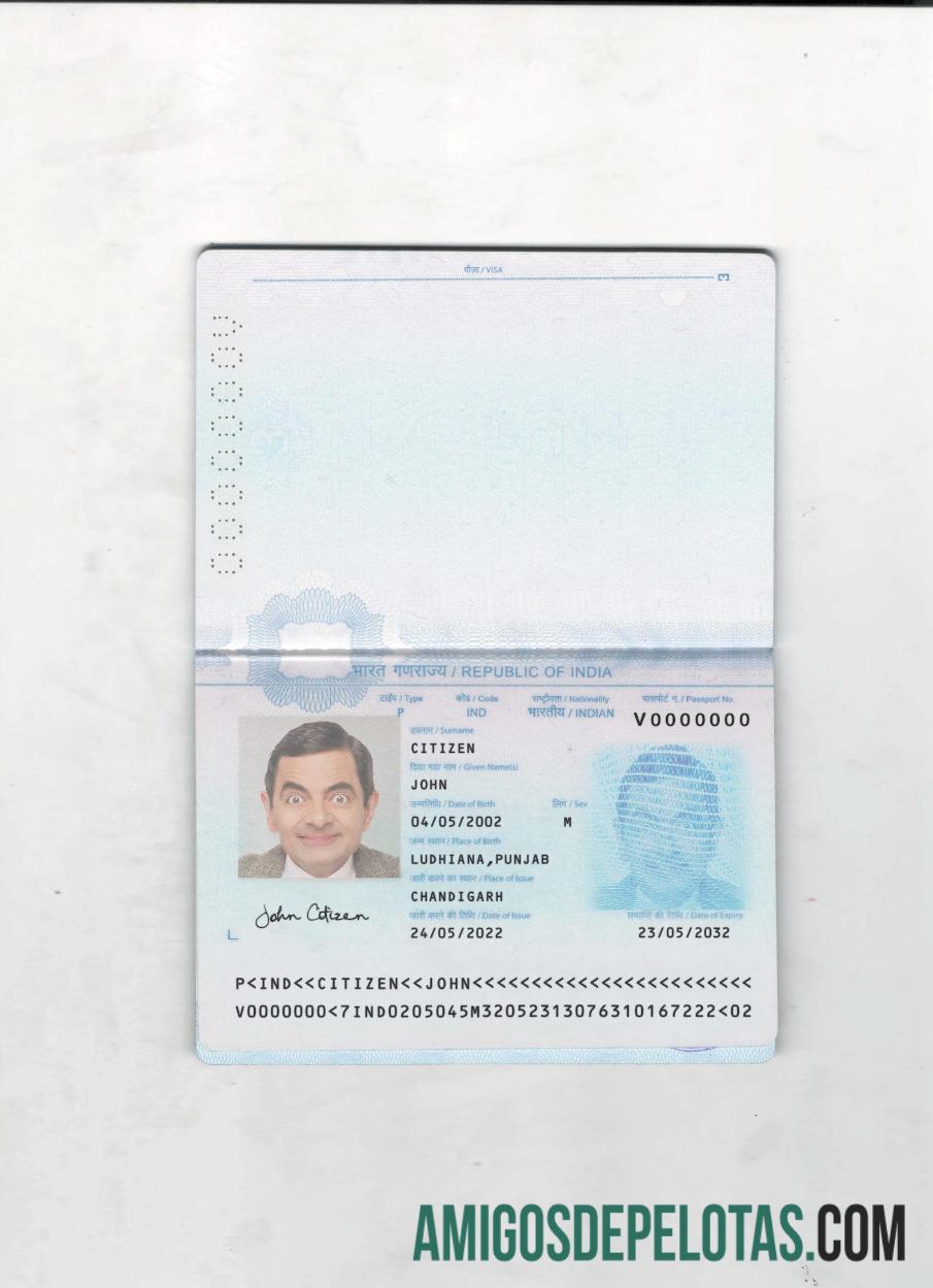 Passaporte da Índia 2022 presente 2 páginas Página 1 exemplo real